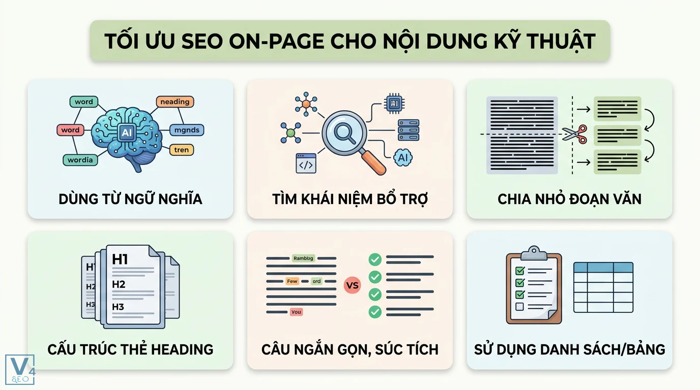 Bí quyết viết bài SEO về các chủ đề kỹ thuật phức tạp và dễ hiểu 2 Tối ưu SEO on-page nội dung kỹ thuật bằng từ ngữ nghĩa, khái niệm bổ trợ, cấu trúc thẻ heading, chia nhỏ đoạn văn, câu ngắn và danh sách bảng