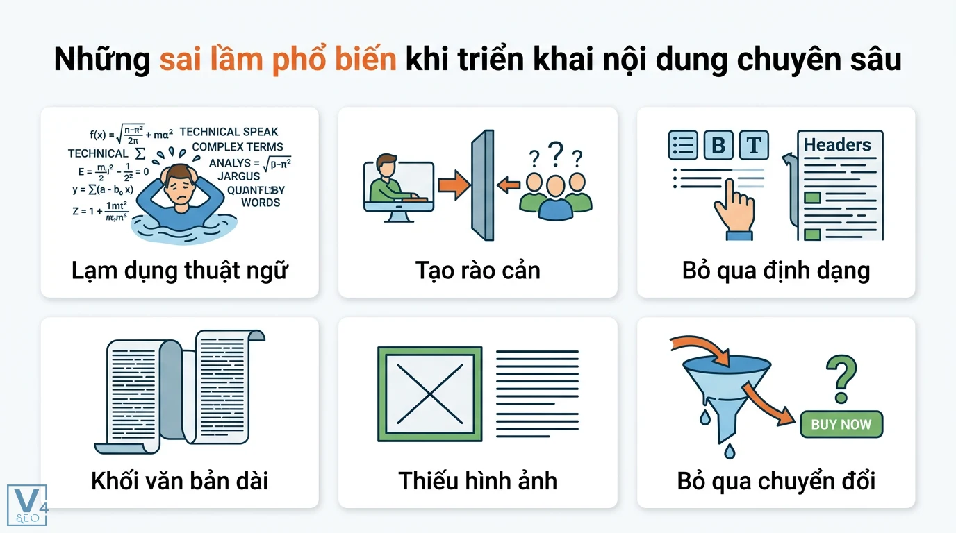 Bí quyết viết bài SEO về các chủ đề kỹ thuật phức tạp và dễ hiểu 3 Sai lầm triển khai nội dung chuyên sâu gồm lạm dụng thuật ngữ, tạo rào cản, văn bản dài, bỏ định dạng và thiếu tối ưu hóa chuyển đổi