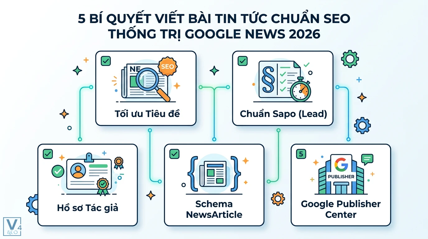 Bí quyết viết bài tin tức (News) SEO: Index tức thì, Chuẩn E-E-A-T 1 5 bí quyết viết bài tin tức chuẩn SEO Google News 2026 gồm tối ưu tiêu đề, sapo, hồ sơ tác giả, Schema NewsArticle và Google Publisher Center