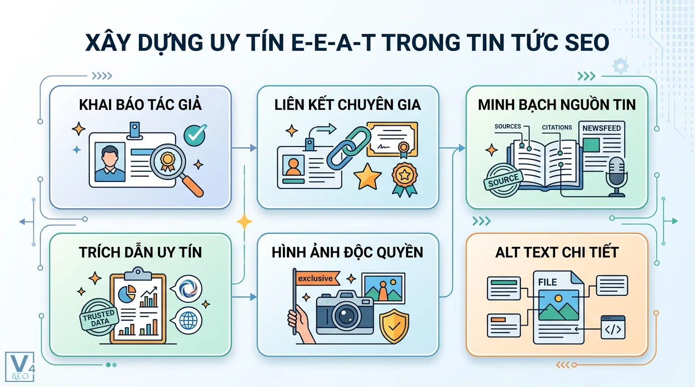 Bí quyết viết bài tin tức (News) SEO: Index tức thì, Chuẩn E-E-A-T 2 Xây dựng uy tín E-E-A-T qua hồ sơ tác giả, liên kết chuyên gia, minh bạch nguồn tin, trích dẫn, nội dung độc quyền và tối ưu alt text
