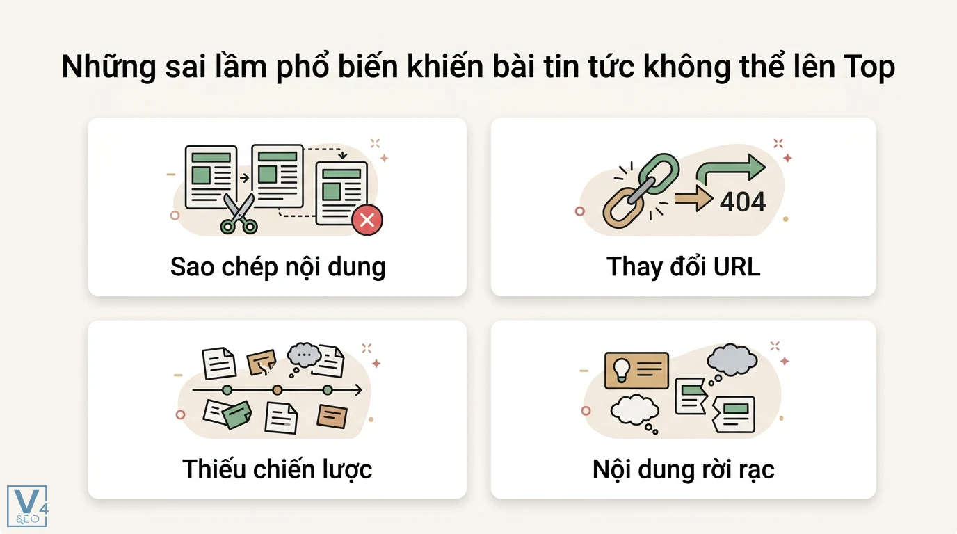 Bí quyết viết bài tin tức (News) SEO: Index tức thì, Chuẩn E-E-A-T 3 Sai lầm phổ biến khiến bài tin tức không lên Top gồm sao chép nội dung, thay đổi URL gây lỗi 404, thiếu chiến lược và nội dung rời rạc
