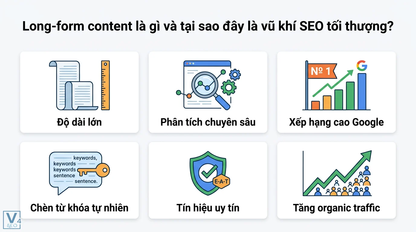 Bí quyết viết bài viết dài (Long-form content) để tối ưu SEO & AI 1 Long-form content giúp phân tích chuyên sâu, chèn từ khóa tự nhiên, tăng tín hiệu E-A-T để xếp hạng cao Google và tăng organic traffic