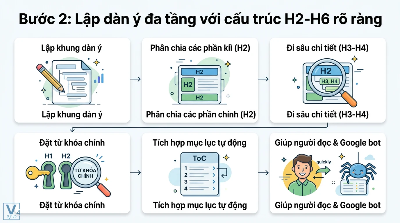 Bí quyết viết bài viết dài (Long-form content) để tối ưu SEO & AI 2 Lập dàn ý đa tầng cấu trúc H2-H6 cho bài long-form, tối ưu từ khóa chính trong thẻ H1 H2 và mục lục tự động giúp Google bot lập chỉ mục