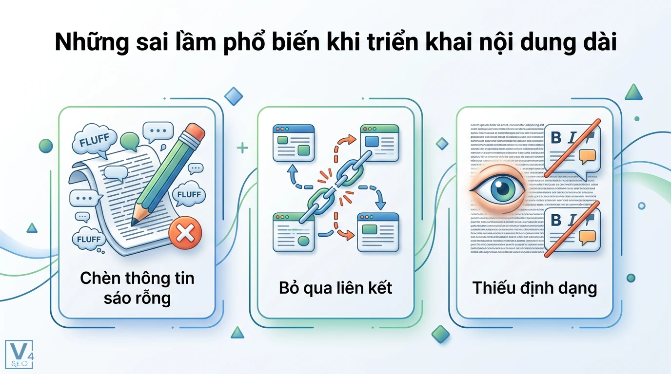 Bí quyết viết bài viết dài (Long-form content) để tối ưu SEO & AI 3 Sai lầm khi triển khai nội dung dài gồm chèn thông tin sáo rỗng fluff, bỏ qua liên kết và thiếu định dạng gây ảnh hưởng tiêu cực đến SEO
