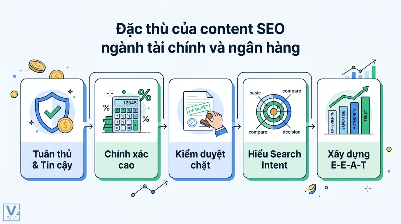 Bí quyết viết Content SEO cho ngành tài chính, ngân hàng bền vững 1 Đặc thù content SEO ngành tài chính ngân hàng yêu cầu tính tuân thủ, độ chính xác cao, kiểm duyệt chặt chẽ, hiểu Search Intent và xây dựng E-E-A-T