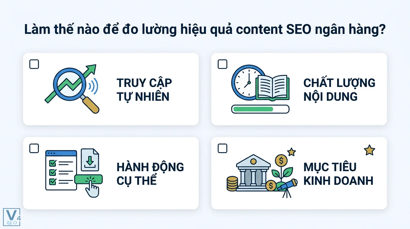 Bí quyết viết Content SEO cho ngành tài chính, ngân hàng bền vững 3 Các chỉ số đo lường hiệu quả content SEO ngân hàng gồm truy cập tự nhiên, chất lượng nội dung, hành động cụ thể và mục tiêu kinh doanh