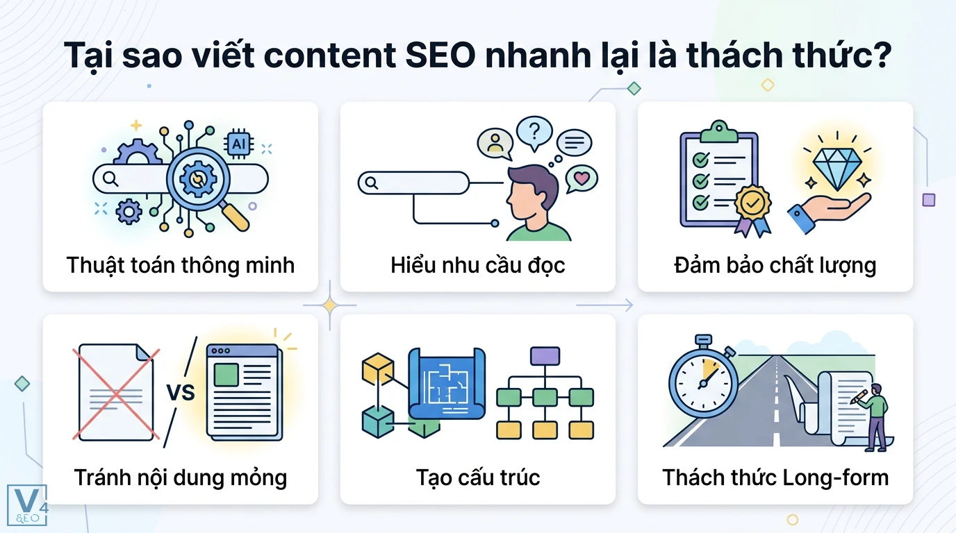 Bí quyết viết Content SEO nhanh chóng mà vẫn hiệu quả với AI 1 Thách thức viết content SEO nhanh gồm thuật toán thông minh, nhu cầu người đọc, chất lượng, tránh nội dung mỏng và cấu trúc bài long-form
