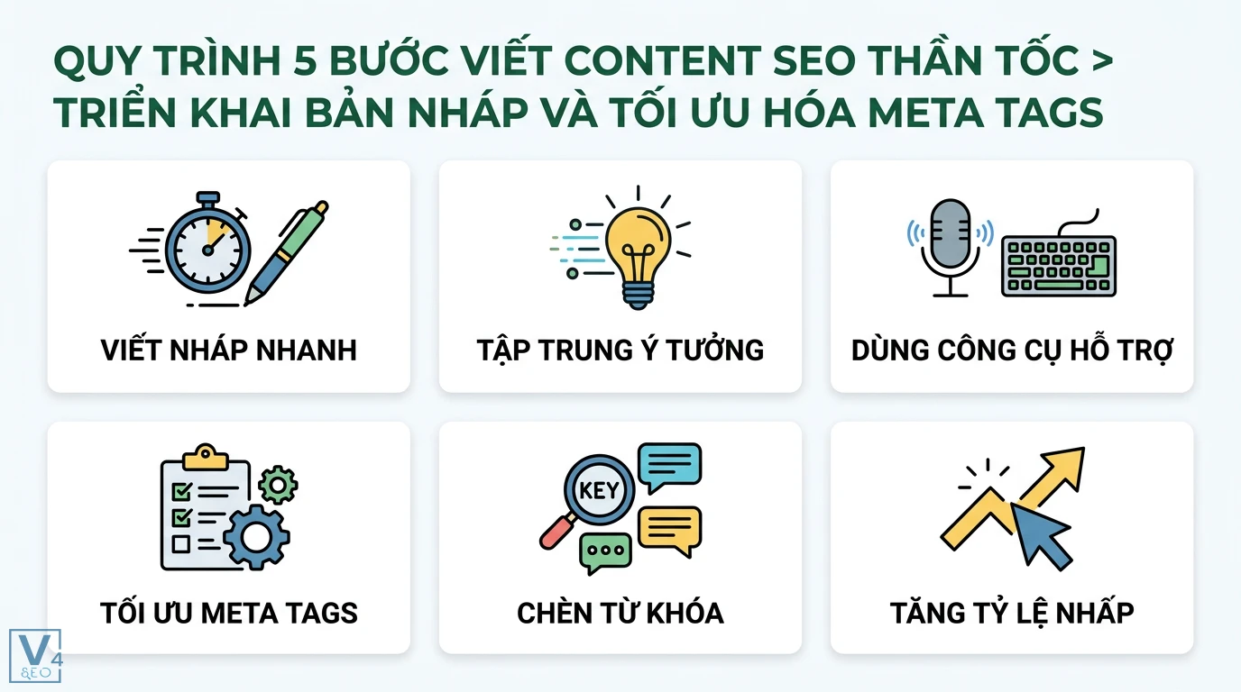 Bí quyết viết Content SEO nhanh chóng mà vẫn hiệu quả với AI 2 Triển khai bản nháp và tối ưu meta tags cho content SEO thần tốc qua việc tập trung ý tưởng, dùng công cụ hỗ trợ và chèn từ khóa tăng tỷ lệ nhấp