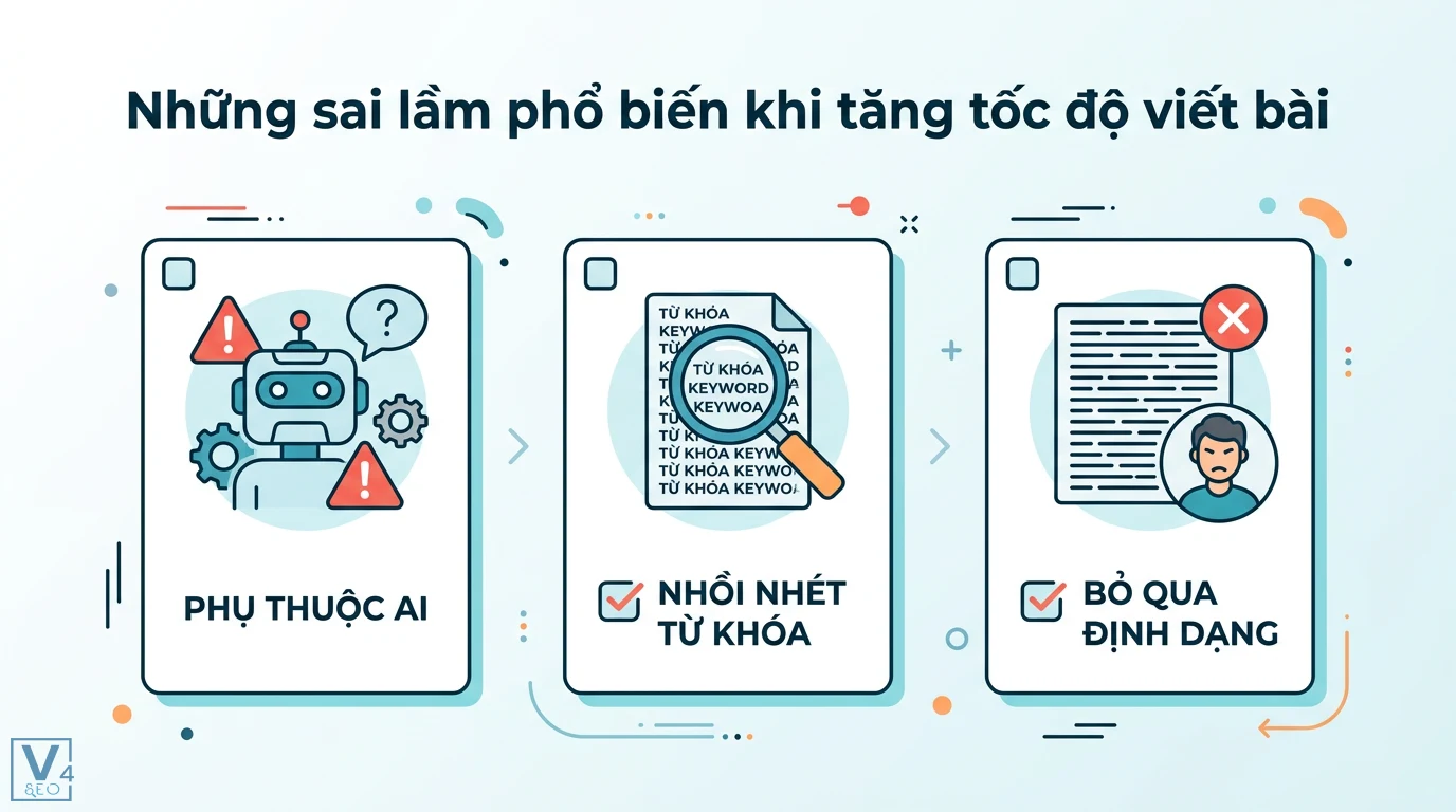 Bí quyết viết Content SEO nhanh chóng mà vẫn hiệu quả với AI 3 Sai lầm khi tăng tốc độ viết bài gồm phụ thuộc AI, nhồi nhét từ khóa và bỏ qua định dạng văn bản gây ảnh hưởng tiêu cực đến SEO và người dùng
