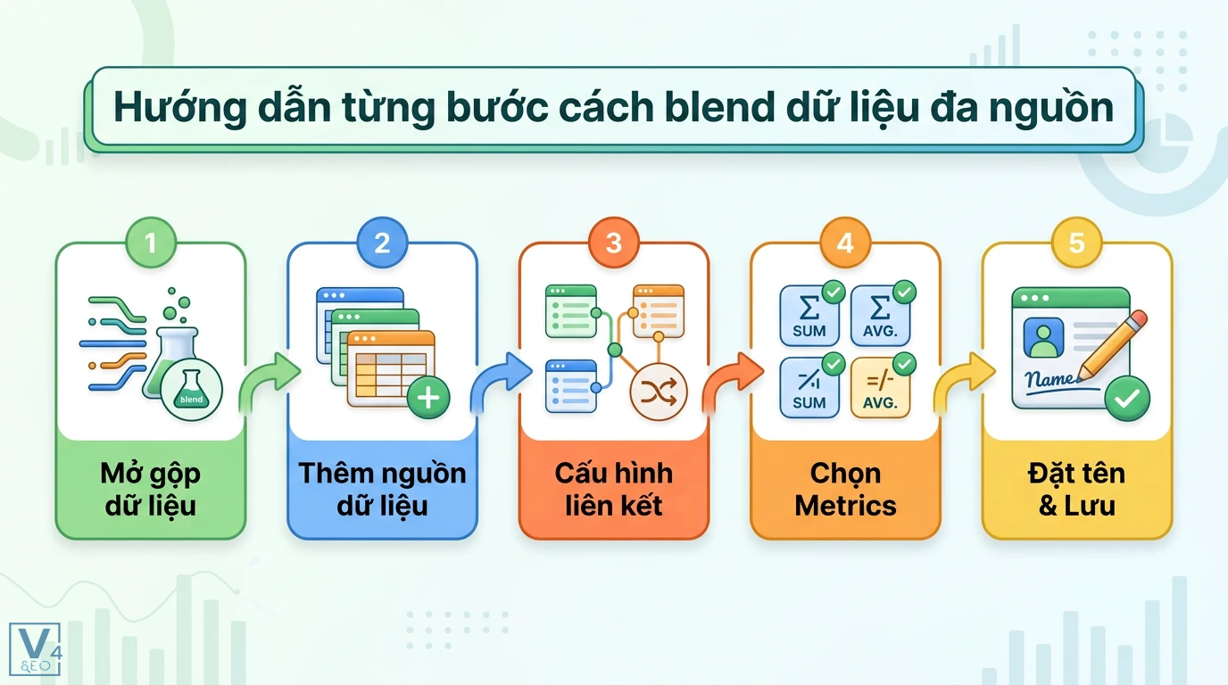 Blend dữ liệu Looker Studio là gì? Cách gộp dữ liệu đa nguồn 2 Blend dữ liệu đa nguồn qua các bước mở gộp dữ liệu, thêm nguồn, cấu hình liên kết, chọn metrics và đặt tên lưu trong Looker Studio