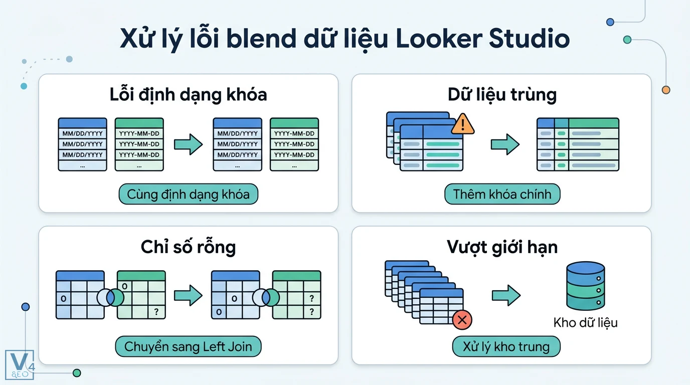 Blend dữ liệu Looker Studio là gì? Cách gộp dữ liệu đa nguồn 3 Xử lý lỗi blend dữ liệu Looker Studio bằng cách đồng nhất định dạng khóa, thêm khóa chính, dùng Left Join và kết nối kho dữ liệu trung gian