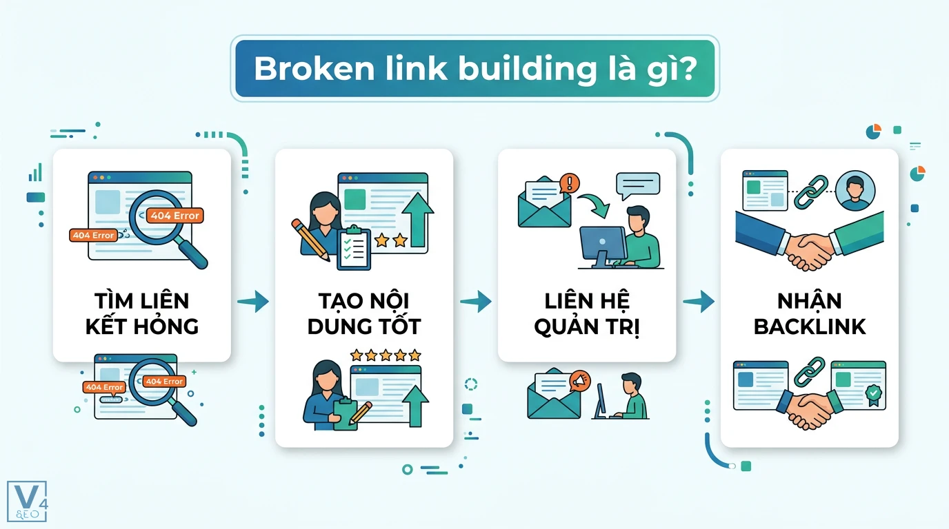 Broken link building là gì? Quy trình 2026 dùng AI tìm link 404 1 Quy trình Broken link building gồm các bước tìm liên kết hỏng 404, tạo nội dung tốt, liên hệ quản trị và nhận backlink chất lượng