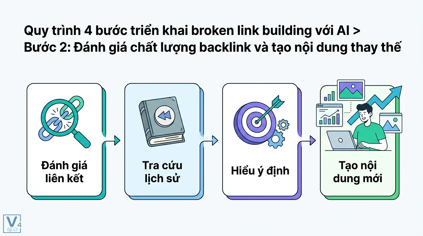 Broken link building là gì? Quy trình 2026 dùng AI tìm link 404 2 Đánh giá chất lượng backlink, tra cứu lịch sử, hiểu ý định và tạo nội dung thay thế khi triển khai quy trình broken link building với AI