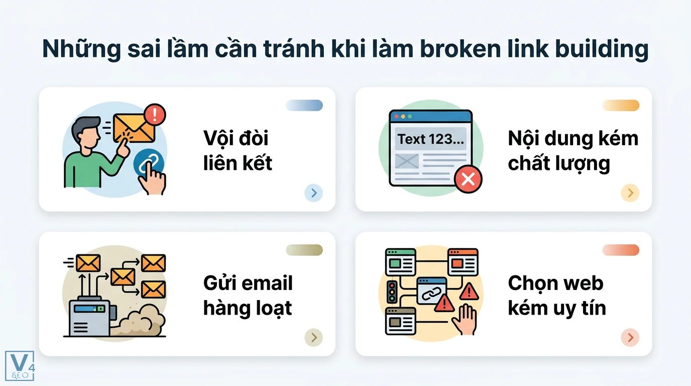 Broken link building là gì? Quy trình 2026 dùng AI tìm link 404 3 Broken link building và các sai lầm cần tránh như vội đòi liên kết, nội dung kém chất lượng, gửi email hàng loạt và chọn web kém uy tín