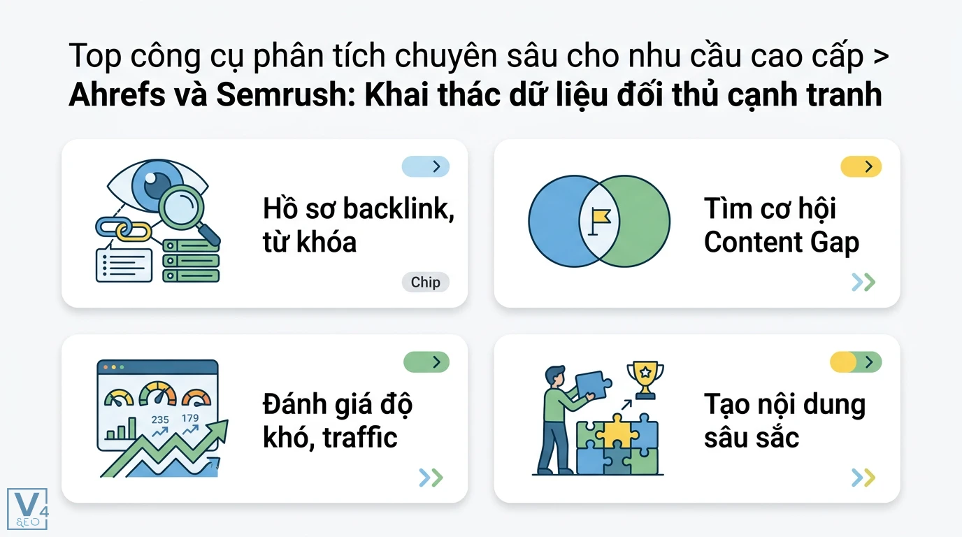 Các công cụ phân tích hiệu suất nội dung SEO cần biết theo mục tiêu 2 Ahrefs và Semrush phân tích hồ sơ backlink, tìm kiếm cơ hội Content Gap, đánh giá độ khó từ khóa và traffic để xây dựng nội dung sâu sắc