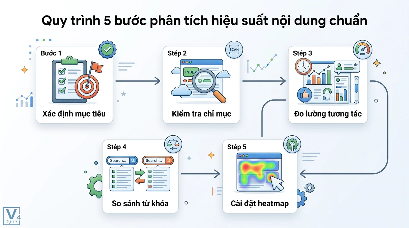 Các công cụ phân tích hiệu suất nội dung SEO cần biết theo mục tiêu 3 Quy trình 5 bước phân tích hiệu suất nội dung gồm xác định mục tiêu, kiểm tra chỉ mục, đo lường tương tác, so sánh từ khóa và cài đặt heatmap