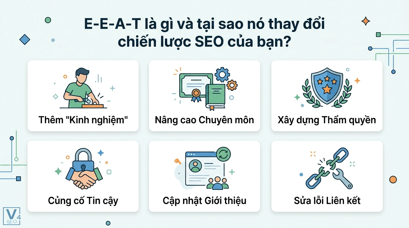 Cách điều chỉnh chiến lược SEO khi Google cập nhật thuật toán E-A-T 1 Chiến lược SEO E-E-A-T gồm Kinh nghiệm, Chuyên môn, Thẩm quyền, Tin cậy cùng việc tối ưu trang giới thiệu và sửa lỗi liên kết website
