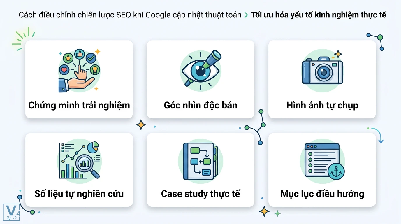 Cách điều chỉnh chiến lược SEO khi Google cập nhật thuật toán E-A-T 2 Tối ưu hóa yếu tố kinh nghiệm thực tế qua góc nhìn độc bản, tư liệu tự chụp, số liệu nghiên cứu, case study và mục lục điều hướng SEO