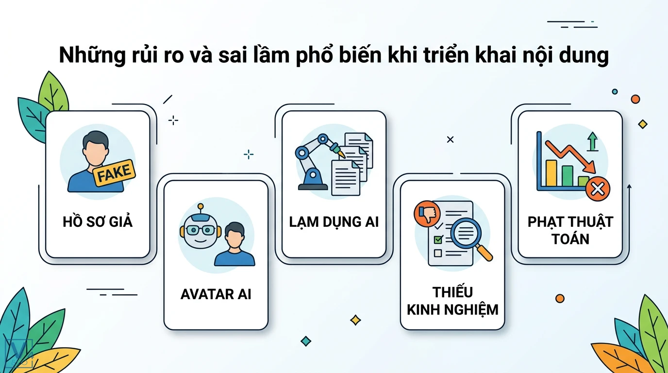 Cách điều chỉnh chiến lược SEO khi Google cập nhật thuật toán E-A-T 3 Sai lầm triển khai nội dung như tạo hồ sơ giả, avatar AI, lạm dụng AI và thiếu kinh nghiệm thực tế dẫn đến rủi ro bị phạt thuật toán