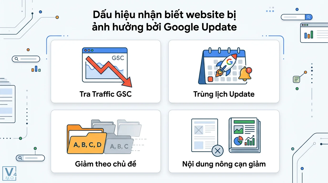 Cách điều chỉnh nội dung khi bị ảnh hưởng bởi bản cập nhật Google 1 Dấu hiệu website bị ảnh hưởng bởi Google Update qua traffic GSC sụt giảm, trùng lịch cập nhật và nội dung nông cạn bị mất thứ hạng