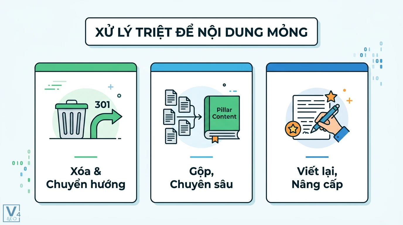 Cách điều chỉnh nội dung khi bị ảnh hưởng bởi bản cập nhật Google 2 Xử lý nội dung mỏng bằng cách xóa chuyển hướng 301, gộp bài viết thành pillar content chuyên sâu hoặc viết lại để nâng cấp giá trị hữu ích