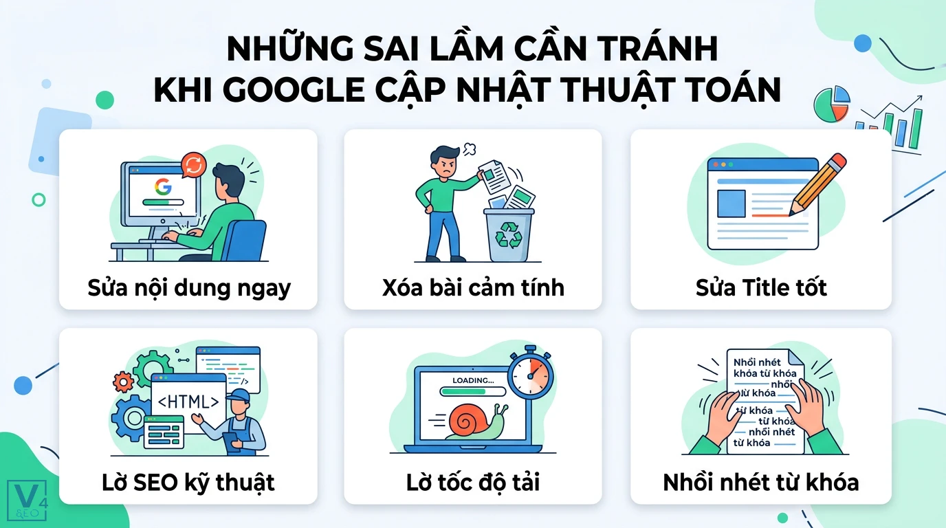 Cách điều chỉnh nội dung khi bị ảnh hưởng bởi bản cập nhật Google 3 Sai lầm cần tránh khi Google cập nhật thuật toán gồm sửa nội dung vội vã, xóa bài cảm tính, lờ SEO kỹ thuật, tốc độ tải và nhồi nhét từ khóa