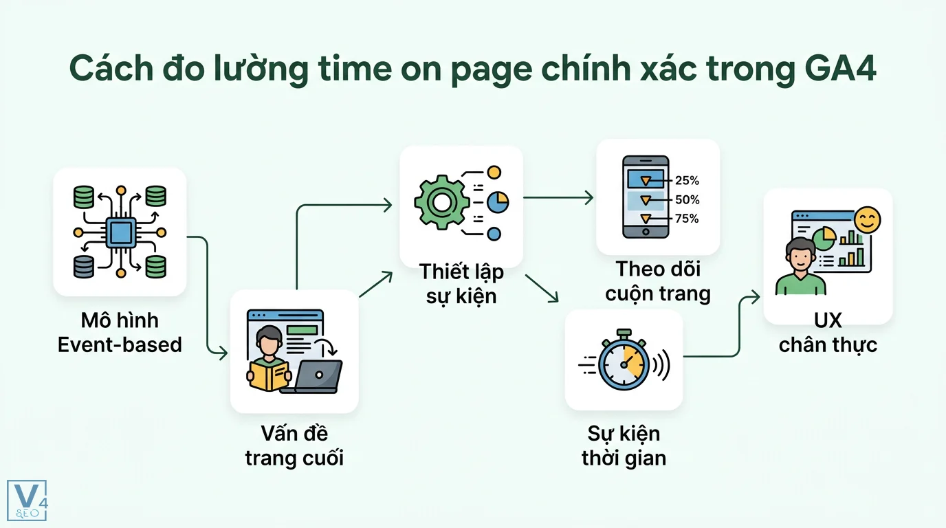 Cách đo lường và cải thiện thời gian trên trang (Time on Page) chuẩn GA4 1 Cách đo lường time on page GA4 bằng mô hình Event-based, thiết lập theo dõi cuộn trang và sự kiện thời gian để phản ánh dữ liệu UX chân thực