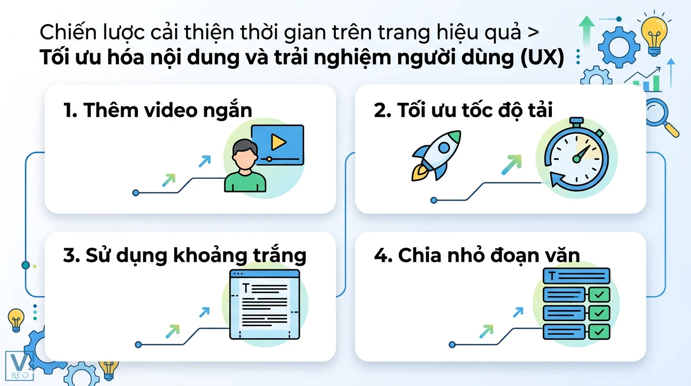 Cách đo lường và cải thiện thời gian trên trang (Time on Page) chuẩn GA4 2 Tối ưu hóa nội dung và UX tăng thời gian trên trang bằng cách thêm video ngắn, tối ưu tốc độ tải, dùng khoảng trắng và chia nhỏ đoạn văn
