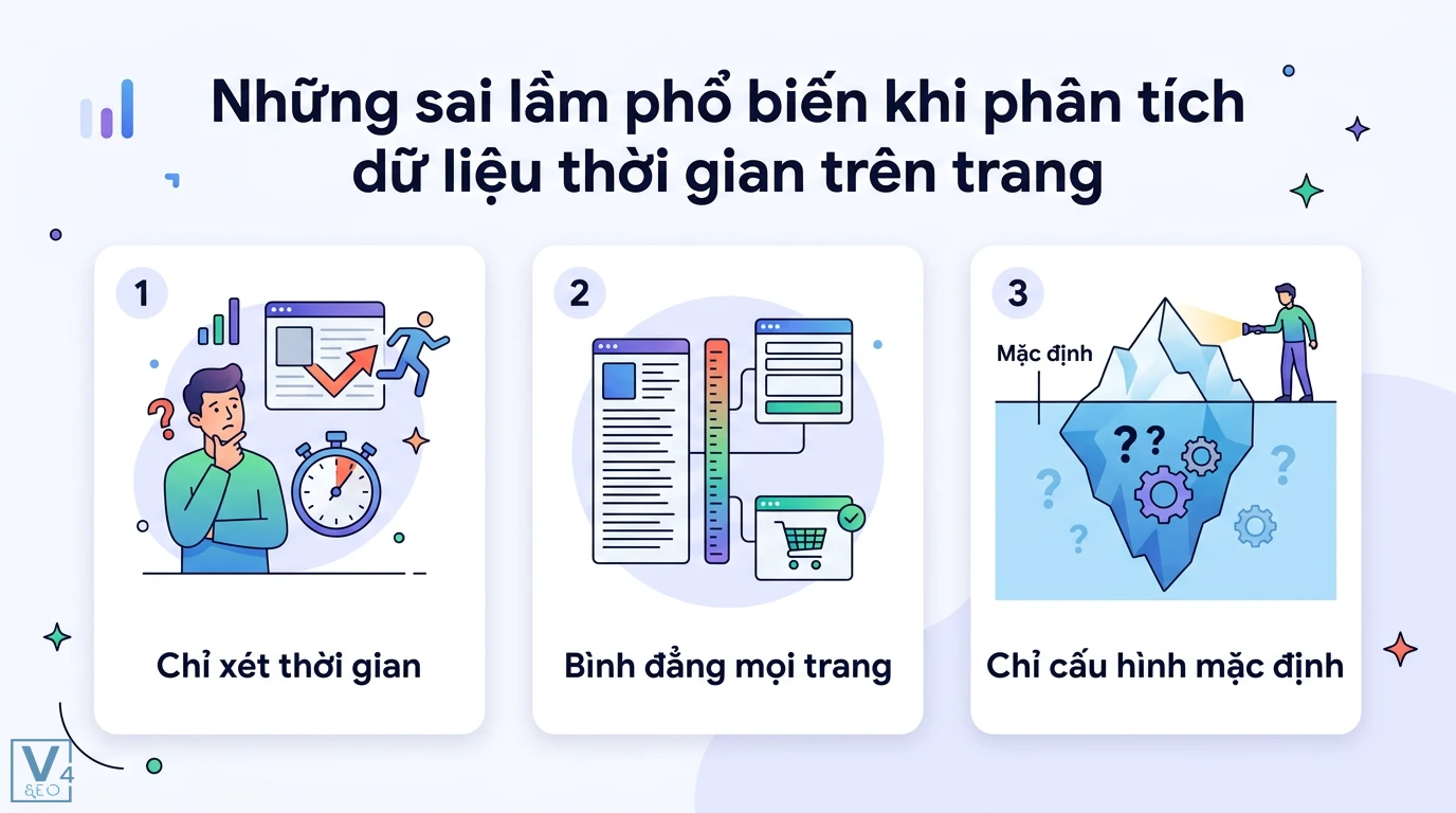 Cách đo lường và cải thiện thời gian trên trang (Time on Page) chuẩn GA4 3 Sai lầm phân tích dữ liệu thời gian trên trang khi bỏ qua tỷ lệ thoát, cào bằng tiêu chuẩn các loại trang và chỉ dùng cấu hình mặc định GA4