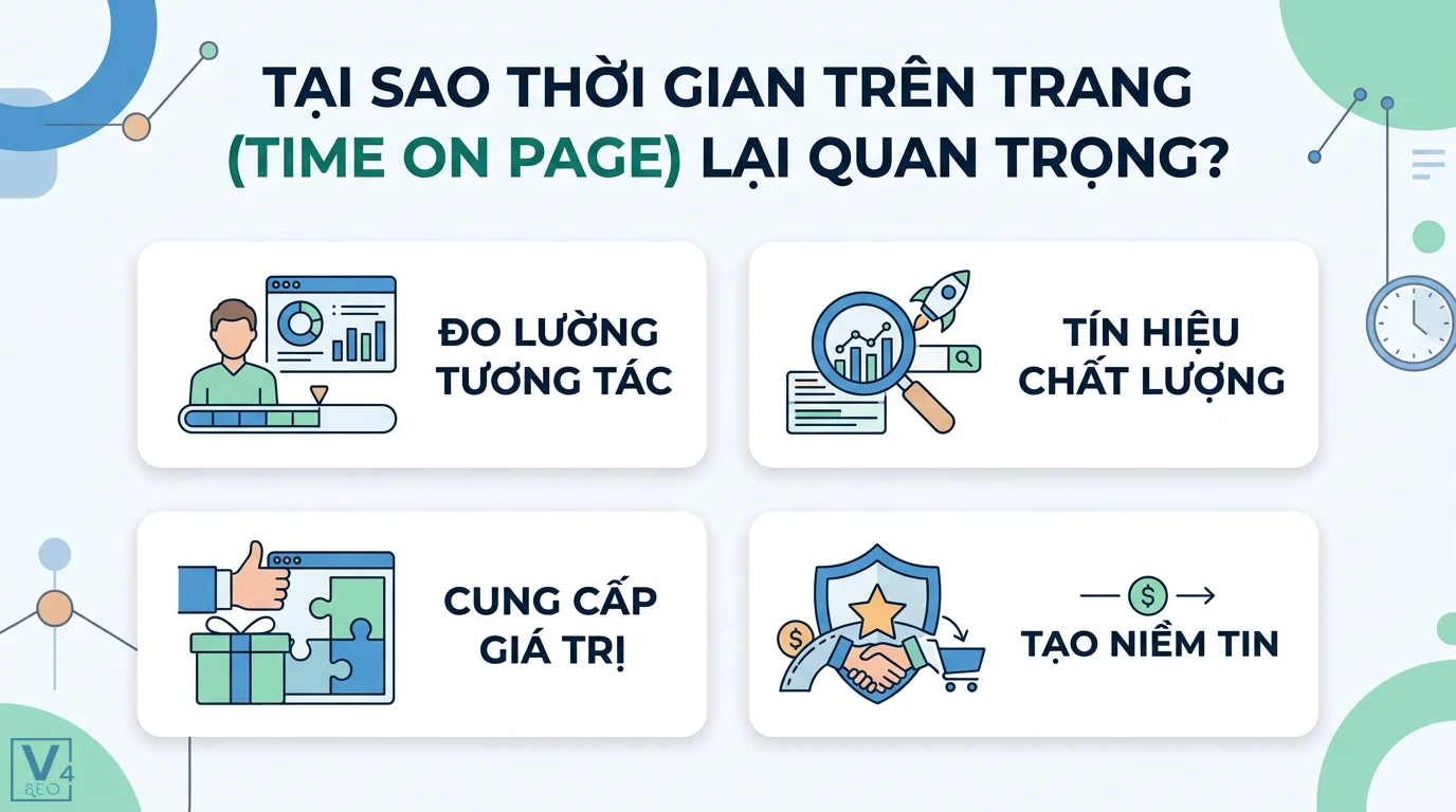 Cách giữ người dùng trên trang lâu hơn với nội dung chất lượng và UX 1 Thời gian trên trang (Time on Page) giúp đo lường tương tác, thể hiện tín hiệu chất lượng, cung cấp giá trị và tạo niềm tin