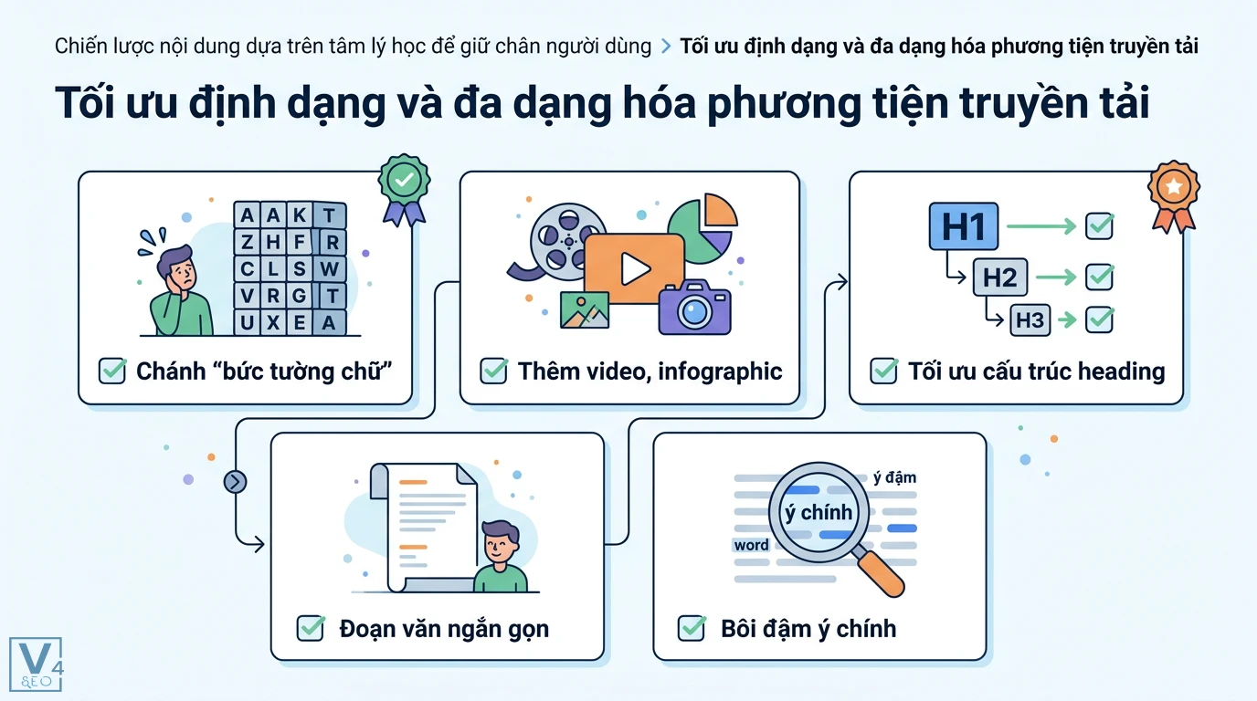 Cách giữ người dùng trên trang lâu hơn với nội dung chất lượng và UX 2 Tối ưu định dạng bằng cách tránh bức tường chữ, thêm video, infographic, chuẩn hóa cấu trúc heading và bôi đậm ý chính để giữ chân người dùng