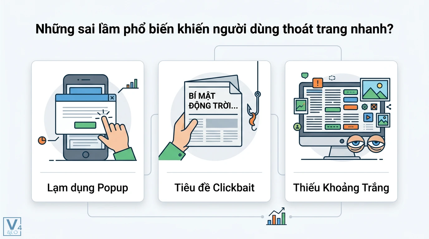Cách giữ người dùng trên trang lâu hơn với nội dung chất lượng và UX 3 Sai lầm khiến người dùng thoát trang nhanh do lạm dụng popup, dùng tiêu đề clickbait và thiết kế website nhồi nhét thiếu khoảng trắng
