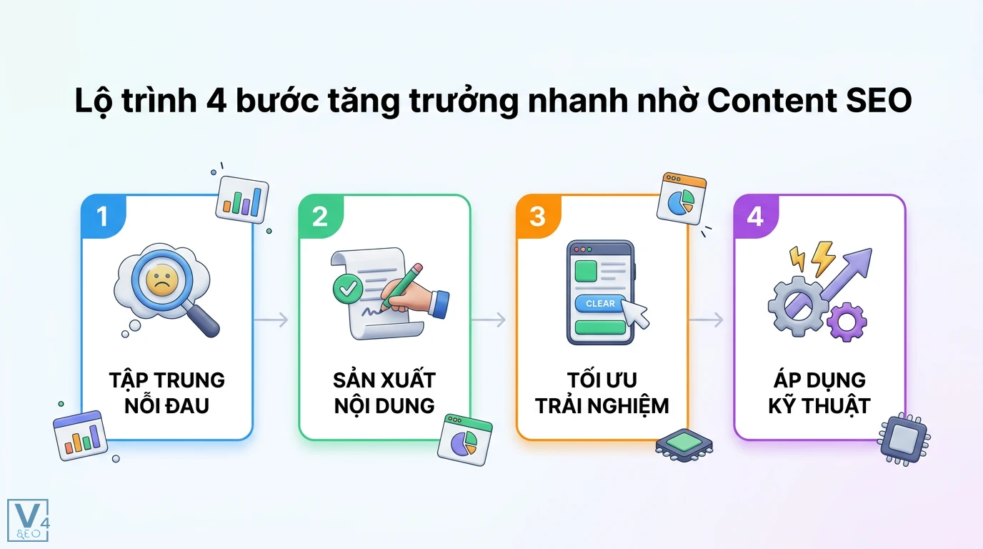 Cách một doanh nghiệp nhỏ tăng trưởng nhanh nhờ Content SEO 1 Lộ trình 4 bước tăng trưởng nhanh nhờ Content SEO tập trung nghiên cứu nỗi đau, sản xuất nội dung, tối ưu trải nghiệm và áp dụng kỹ thuật