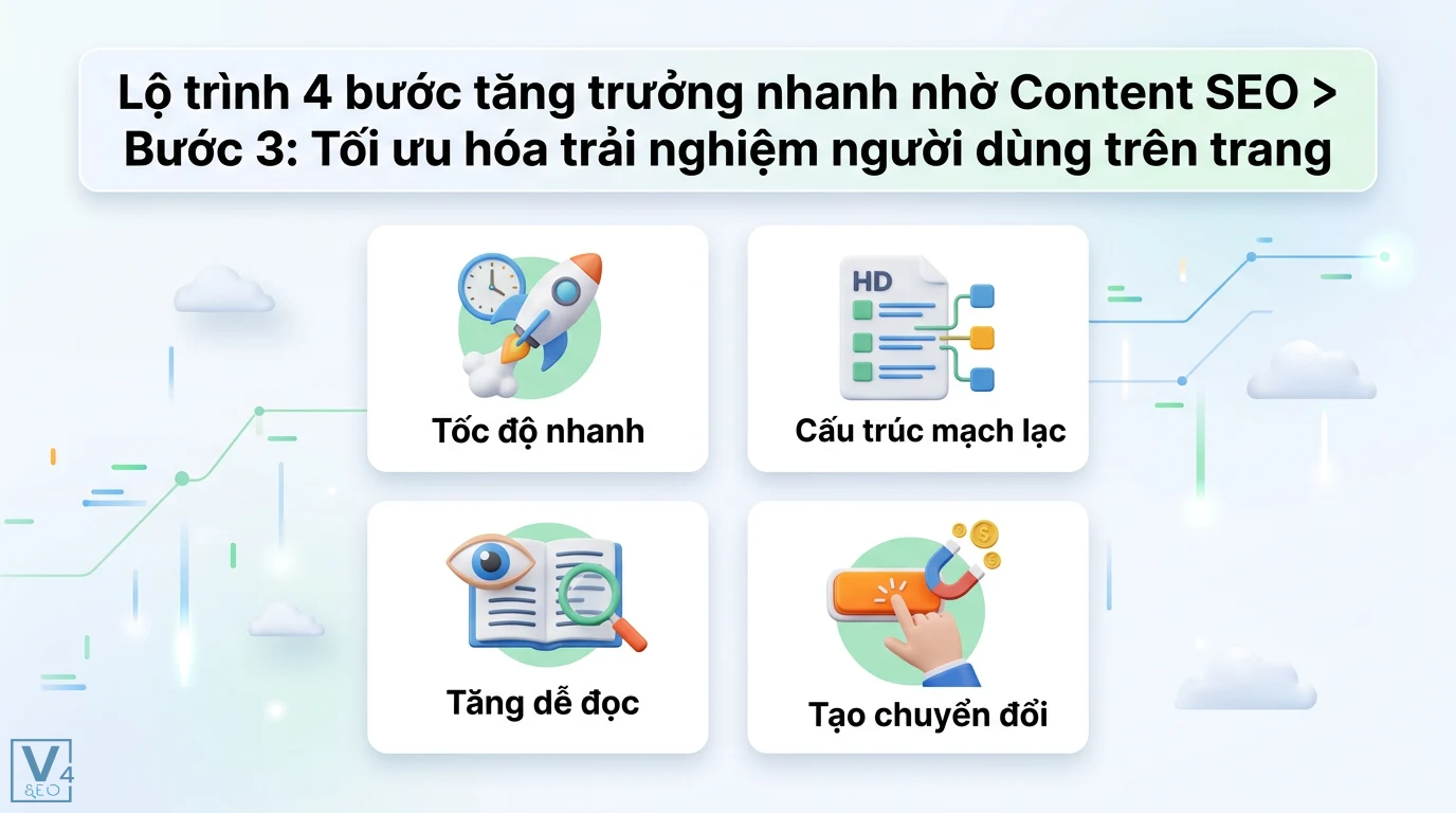 Cách một doanh nghiệp nhỏ tăng trưởng nhanh nhờ Content SEO 2 Tối ưu trải nghiệm người dùng trên trang với tốc độ nhanh, cấu trúc mạch lạc, tăng khả năng dễ đọc và tạo chuyển đổi hiệu quả cho Content SEO