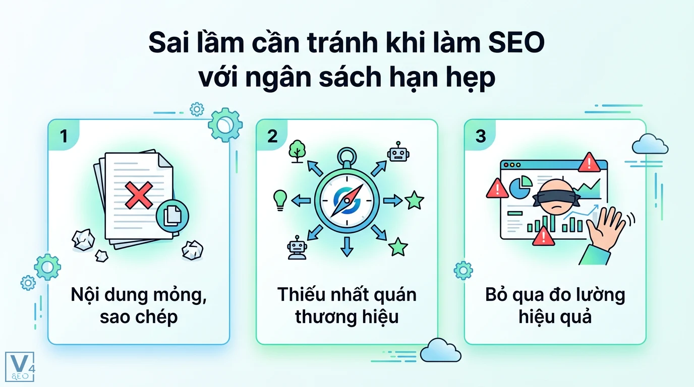 Cách một doanh nghiệp nhỏ tăng trưởng nhanh nhờ Content SEO 3 Sai lầm khi làm SEO ngân sách hạn hẹp gồm nội dung mỏng sao chép thiếu nhất quán thương hiệu và bỏ qua việc đo lường các chỉ số hiệu quả