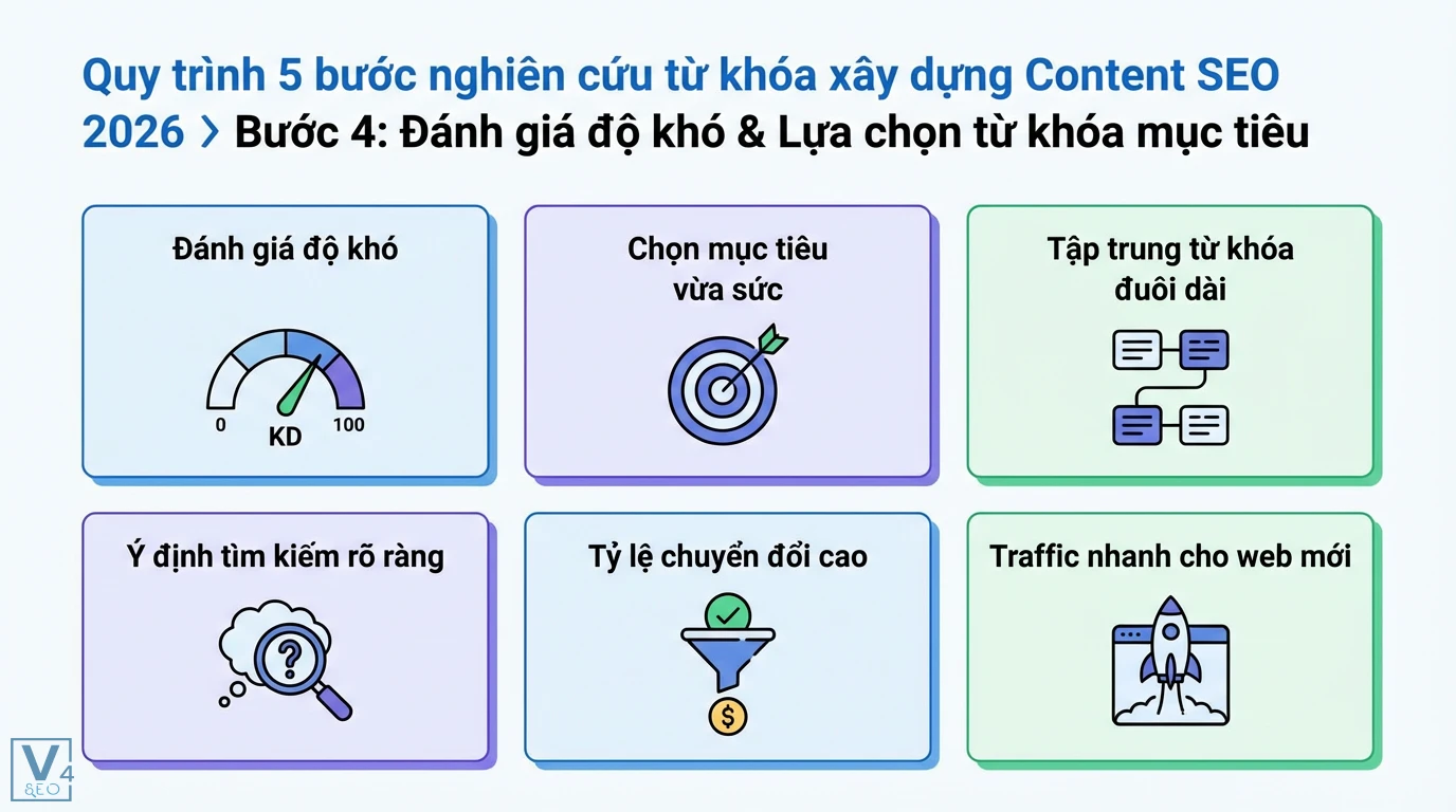 Nghiên Cứu Từ Khóa SEO Bằng AI & Semantic: Xây Dựng Content Chuẩn SGE 2 Đánh giá độ khó từ khóa, chọn mục tiêu vừa sức, tập trung từ khóa đuôi dài có ý định tìm kiếm rõ ràng, tỷ lệ chuyển đổi cao, mang lại traffic nhanh cho web mới