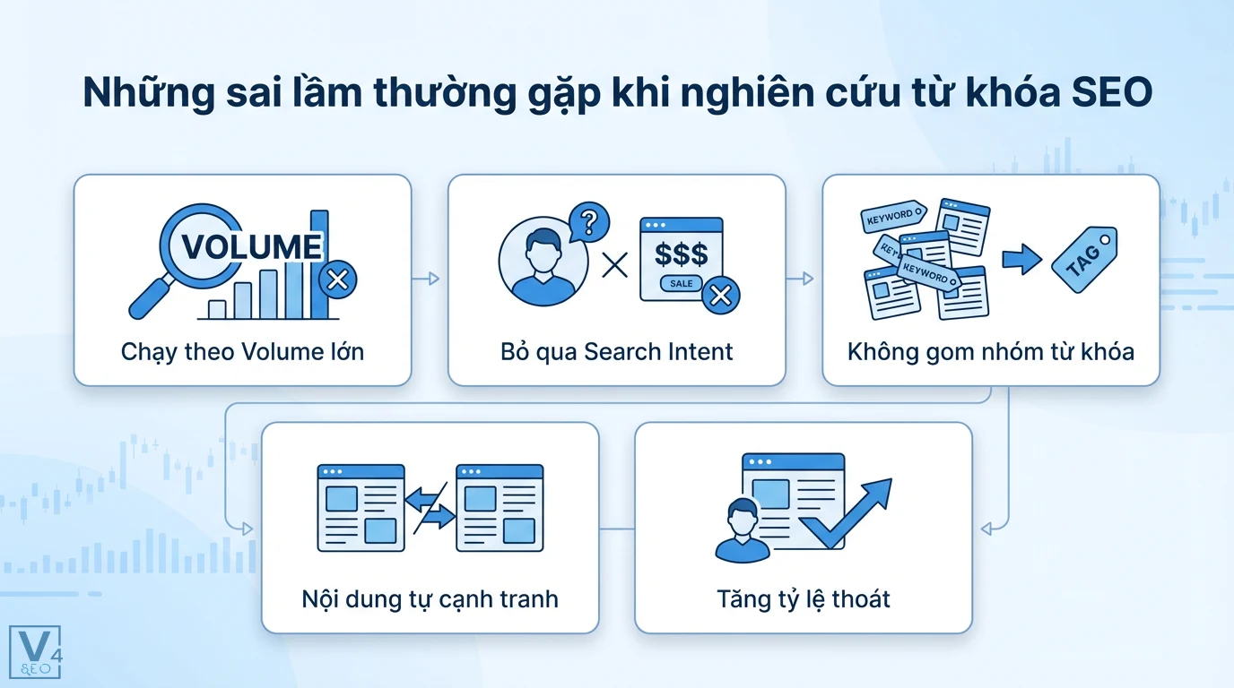 Nghiên Cứu Từ Khóa SEO Bằng AI & Semantic: Xây Dựng Content Chuẩn SGE 3 Các sai lầm phổ biến khi nghiên cứu từ khóa SEO như chỉ tập trung volume, bỏ qua ý định tìm kiếm, không gom nhóm, gây cạnh tranh nội dung, tăng tỷ lệ thoát