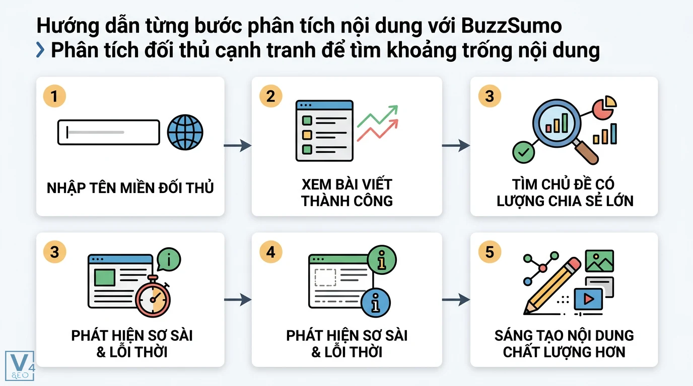 Cách sử dụng BuzzSumo để phân tích và tạo nội dung viral 2026 2 Phân tích đối thủ trên BuzzSumo tìm khoảng trống nội dung qua việc lọc bài viết thành công, phát hiện nội dung sơ sài và sáng tạo nội dung chất lượng