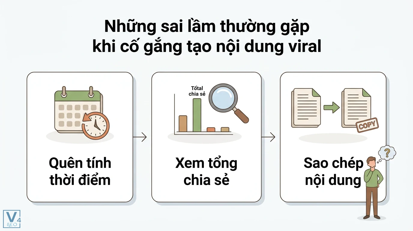 Cách sử dụng BuzzSumo để phân tích và tạo nội dung viral 2026 3 Sai lầm khi tạo nội dung viral gồm quên tính thời điểm, chỉ tập trung vào tổng lượt chia sẻ và sao chép nguyên bản nội dung từ đối thủ