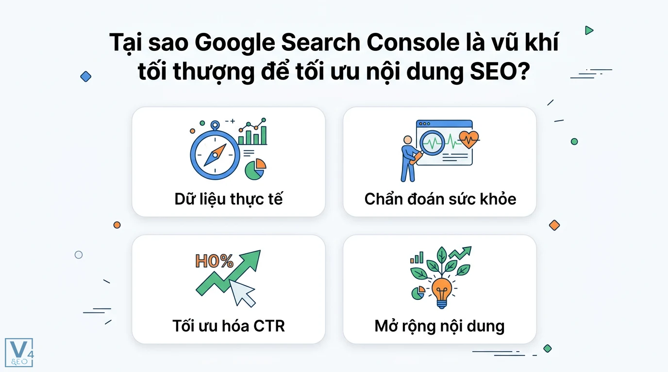 Cách sử dụng Google Search Console để tối ưu nội dung SEO thực chiến 1 Google Search Console tối ưu nội dung SEO qua dữ liệu thực tế, chẩn đoán sức khỏe bài viết, tăng tỷ lệ nhấp CTR và mở rộng nội dung