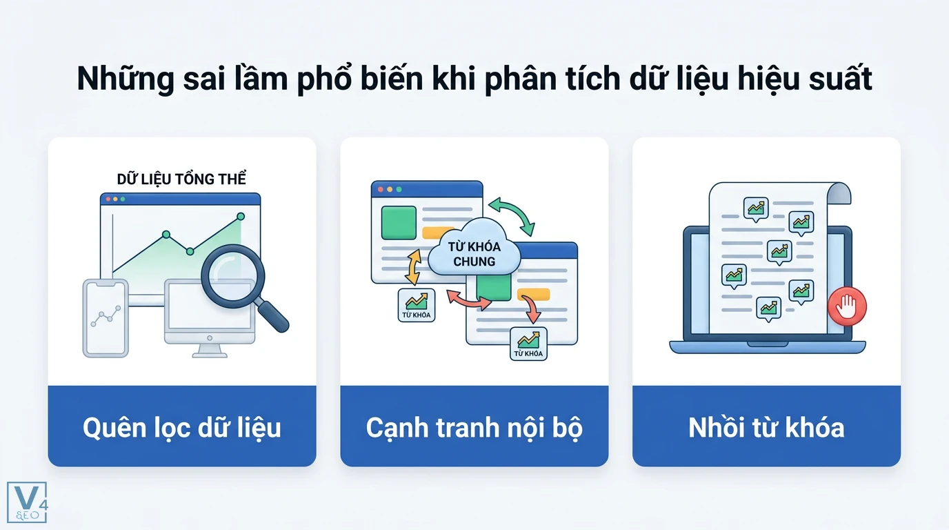 Cách sử dụng Google Search Console để tối ưu nội dung SEO thực chiến 3 Sai lầm khi phân tích dữ liệu hiệu suất gồm lỗi quên lọc thiết bị, hiện tượng cạnh tranh nội bộ và nhồi nhét từ khóa vào nội dung