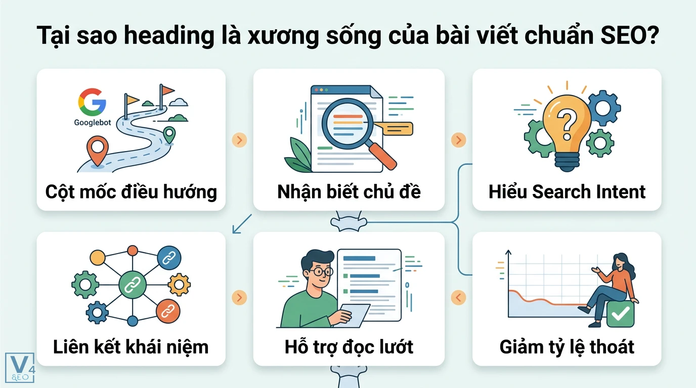 Cách dùng Heading (H1-H6) trong SEO: Tối ưu Semantic & Featured Snippet 1 Vai trò thẻ heading giúp Googlebot điều hướng, nhận biết chủ đề, hiểu Search Intent, liên kết khái niệm, hỗ trợ đọc lướt và giảm tỷ lệ thoát