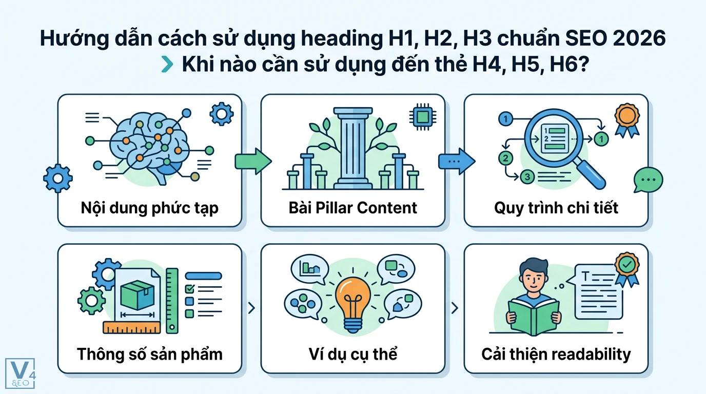 Cách dùng Heading (H1-H6) trong SEO: Tối ưu Semantic & Featured Snippet 2 Cách dùng thẻ H4, H5, H6 cho Pillar Content, nội dung phức tạp, quy trình chi tiết, thông số sản phẩm và ví dụ để cải thiện readability