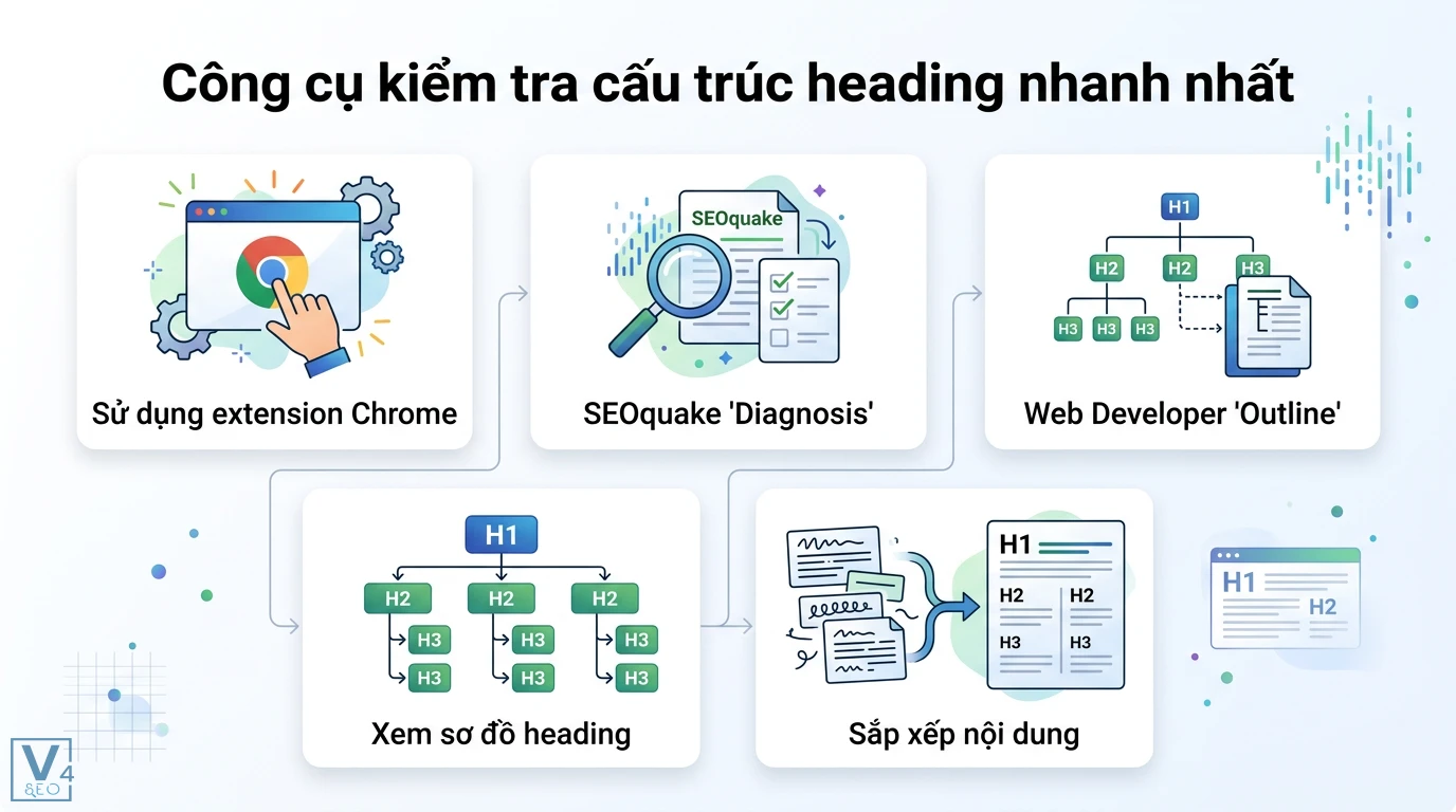 Cách dùng Heading (H1-H6) trong SEO: Tối ưu Semantic & Featured Snippet 3 Kiểm tra cấu trúc heading bằng SEOquake và Web Developer extension giúp tối ưu hóa thẻ H1 H2 H3 và sắp xếp nội dung chuẩn SEO