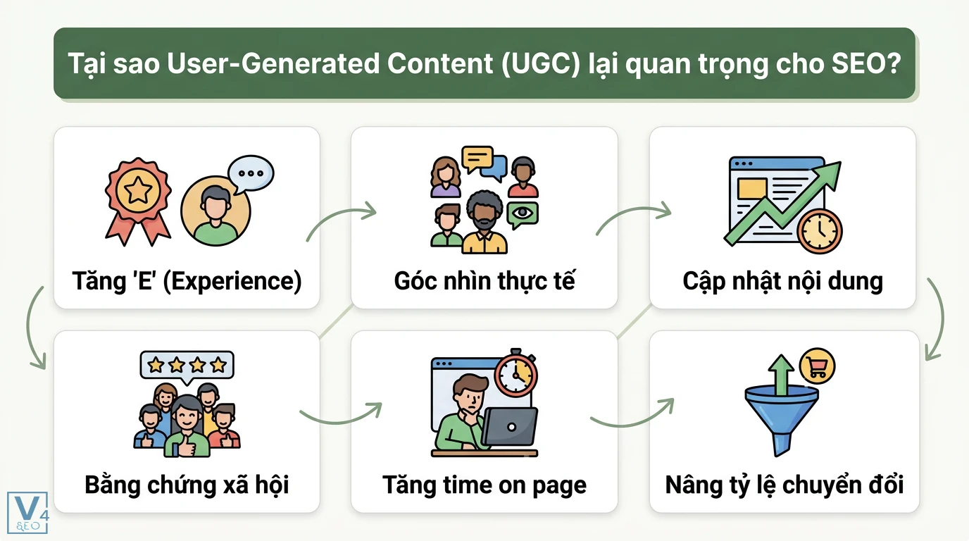 Cách sử dụng nội dung khách hàng tạo ra (User-generated Content) cho SEO 1 User-Generated Content (UGC) giúp tăng Experience, góc nhìn thực tế, cập nhật nội dung, bằng chứng xã hội, time on page và tỷ lệ chuyển đổi