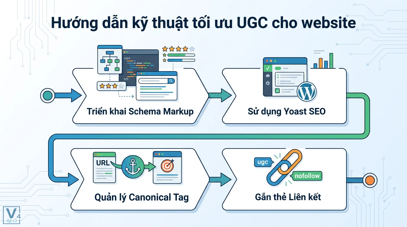 Cách sử dụng nội dung khách hàng tạo ra (User-generated Content) cho SEO 2 Kỹ thuật tối ưu UGC cho website gồm triển khai Schema Markup, sử dụng Yoast SEO, quản lý thẻ Canonical và gắn thuộc tính rel ugc nofollow