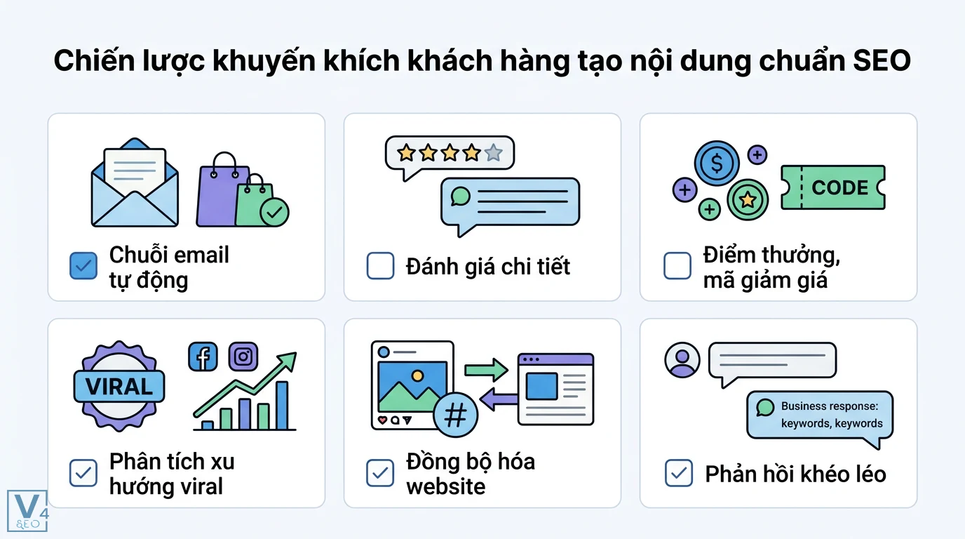 Cách sử dụng nội dung khách hàng tạo ra (User-generated Content) cho SEO 3 Chiến lược khuyến khích khách hàng tạo nội dung chuẩn SEO qua email tự động, đánh giá, mã giảm giá, xu hướng viral và phản hồi khéo léo