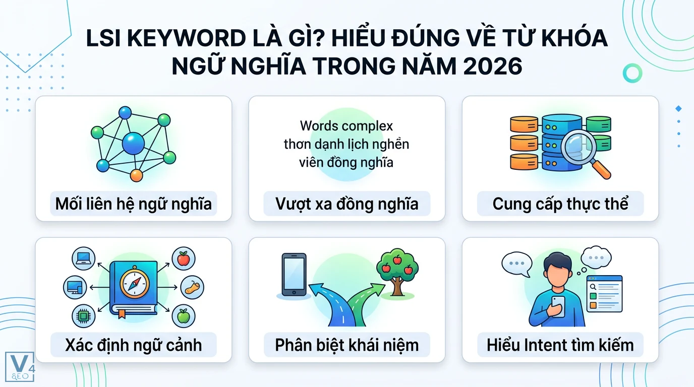 Thực Chiến LSI 2026: Tăng Cường Nội Dung SEO Với Từ Khóa LSI & AI 1 LSI keyword xác định mối liên hệ ngữ nghĩa, cung cấp thực thể và phân biệt khái niệm để hiểu đúng ngữ cảnh cùng Intent tìm kiếm năm 2026