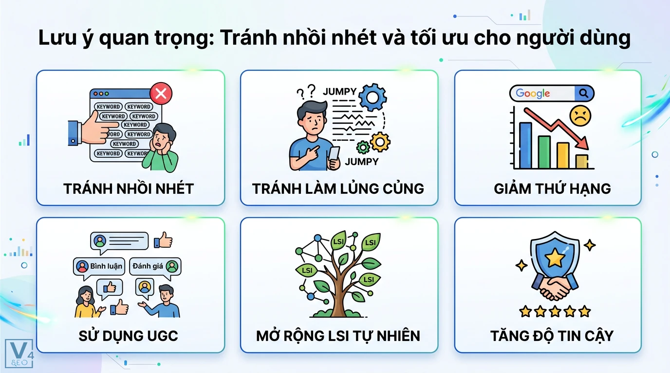 Thực Chiến LSI 2026: Tăng Cường Nội Dung SEO Với Từ Khóa LSI & AI 3 Tránh nhồi nhét từ khóa gây giảm thứ hạng Google, ưu tiên sử dụng UGC và mở rộng LSI tự nhiên để tăng độ tin cậy cho người dùng