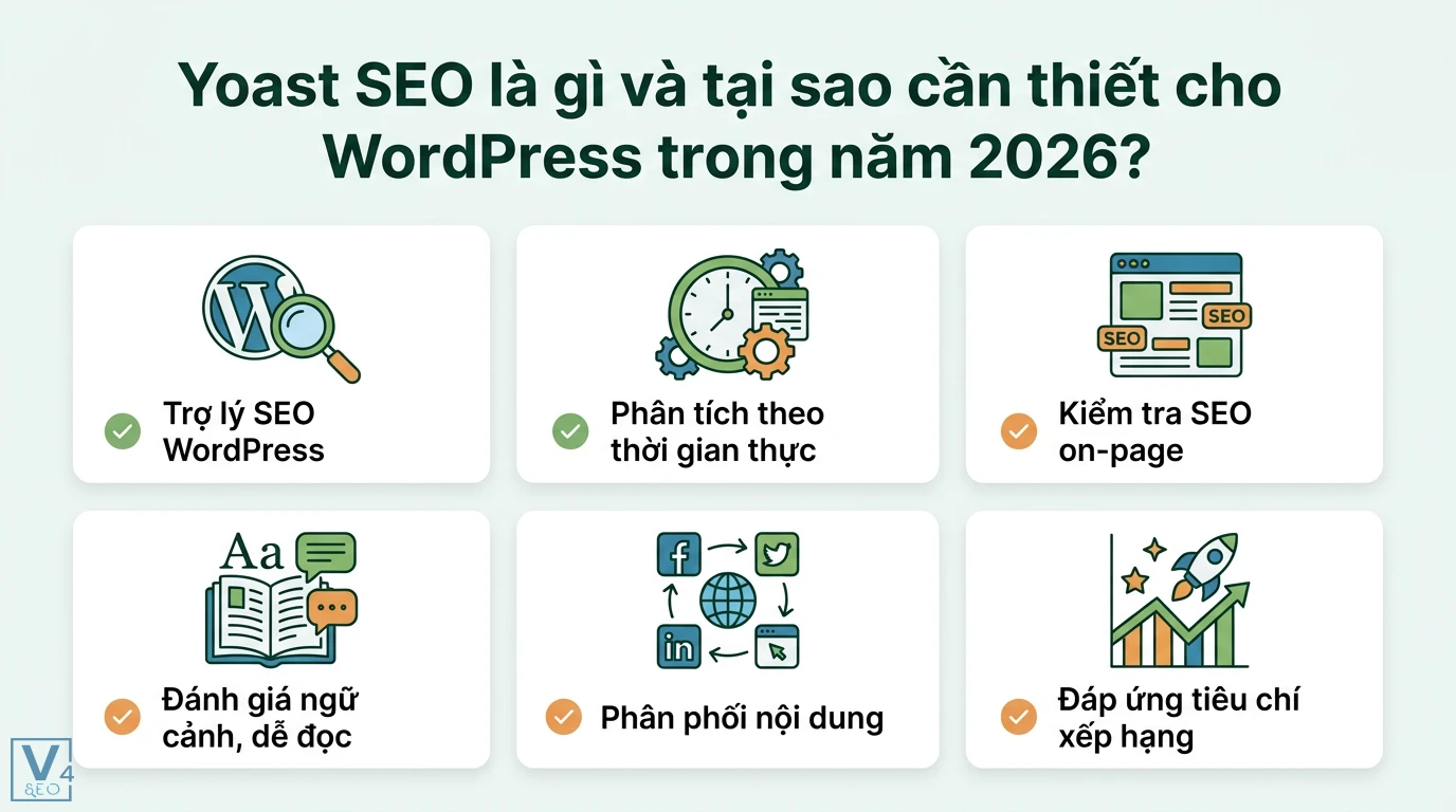 Cách sử dụng Yoast SEO để tối ưu nội dung cho WordPress 2026 1 Yoast SEO là trợ lý WordPress phân tích thời gian thực, SEO on-page, đánh giá ngữ cảnh, phân phối nội dung và tiêu chí xếp hạng năm 2026